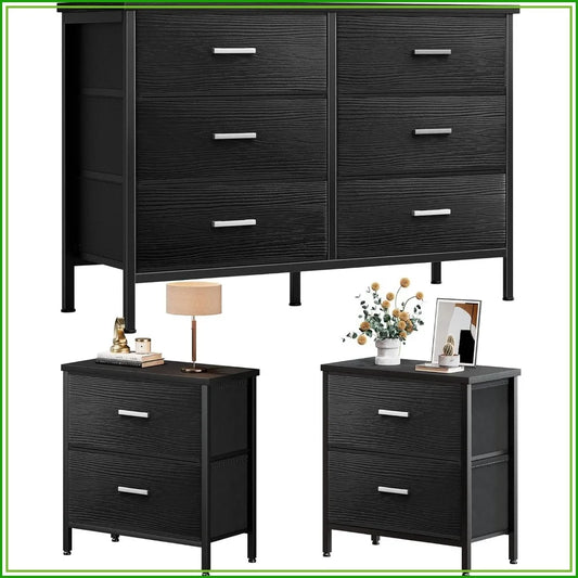 Modern Three Piece Bedroom Set With Wooden Nightstand And Dresser