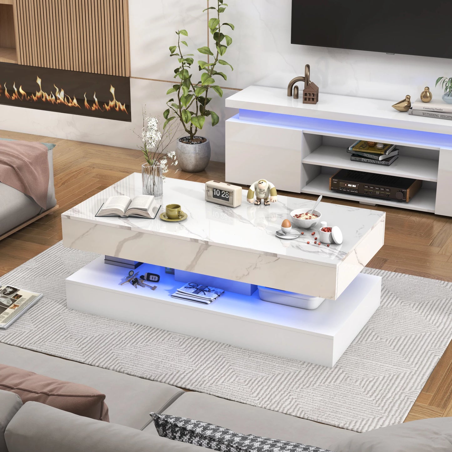 QiaoShiRen Modern Coffee Table With LED Lights And Dual Drawers