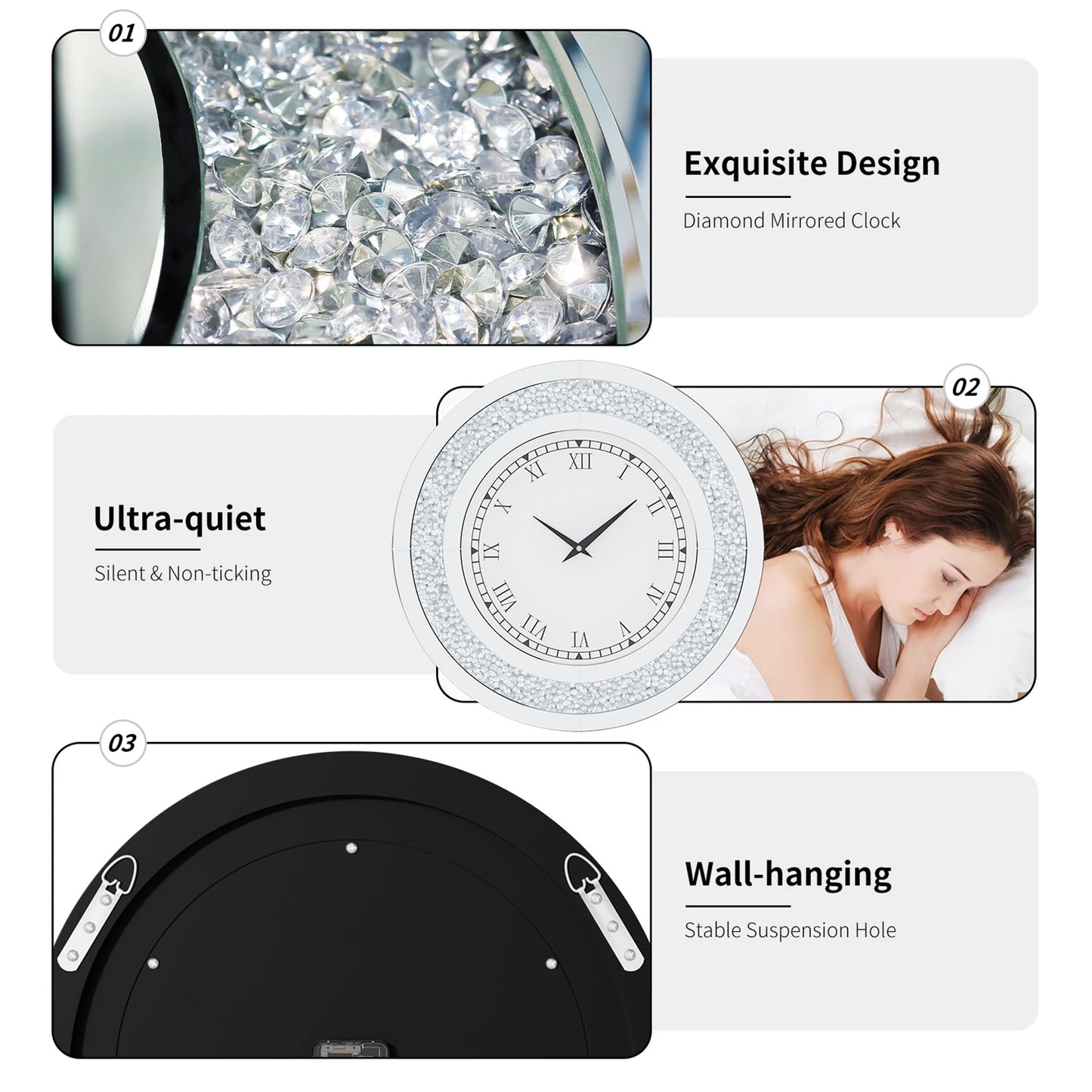 Round Mirror Clock With Crystals Sparkle And Wall Decor