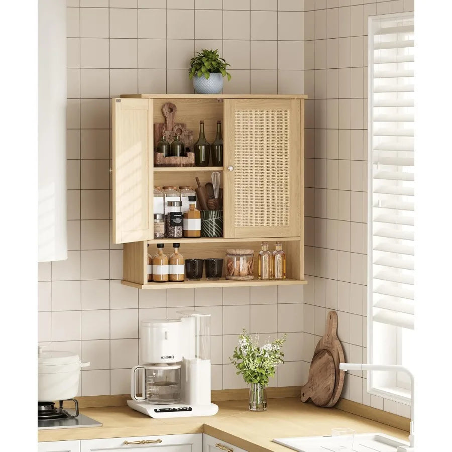 XIUWO Bathroom Wall Cabinet Medicine With Adjustable Shelf And Rattan Doors