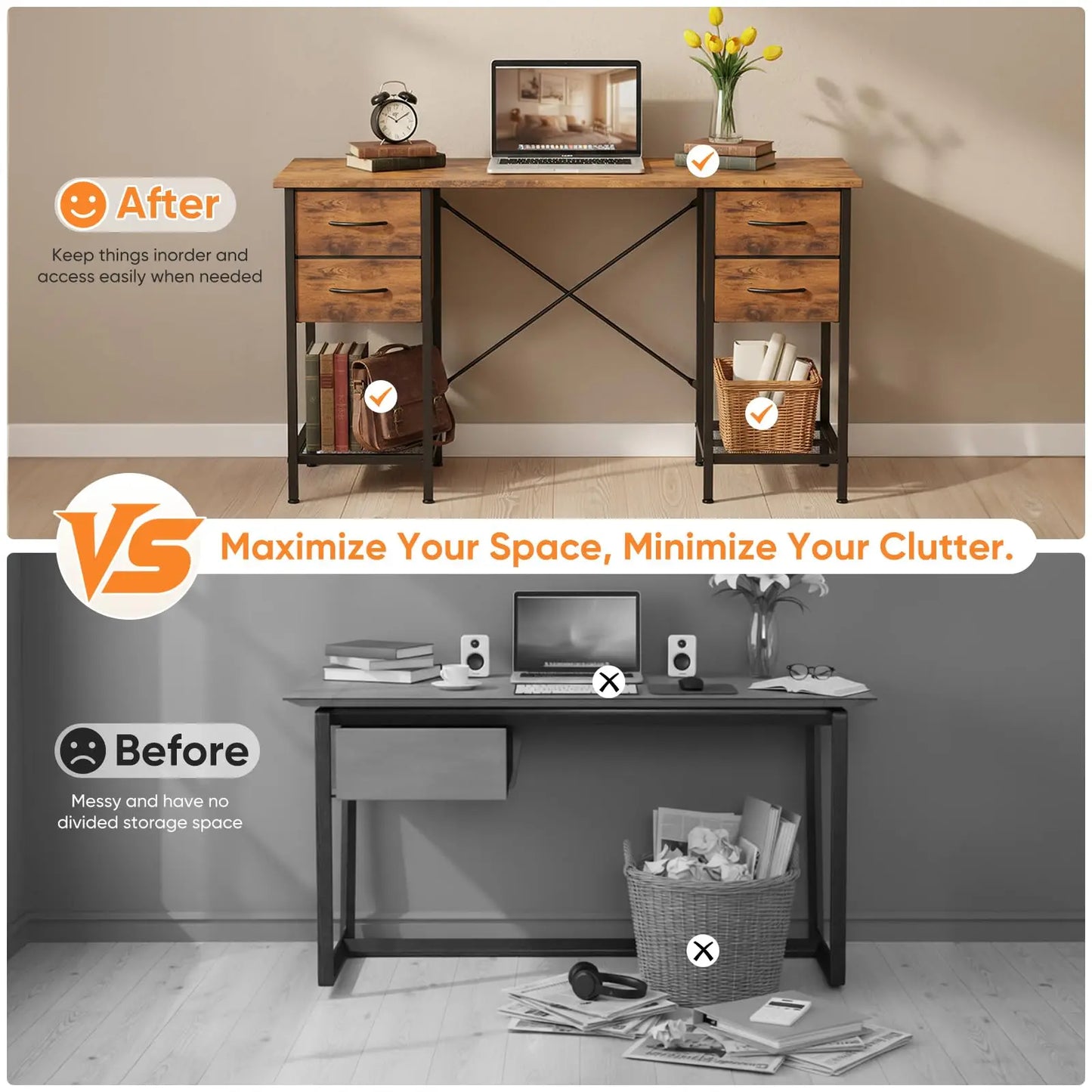 JHK Computer Desk With 4 Drawers And Mesh Shelf For Home Office