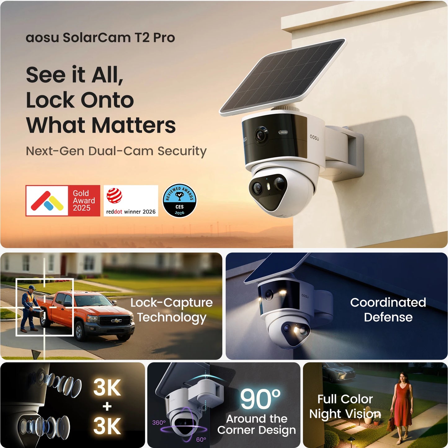 AOSU 10MP Solar Security Camera With AI Tracking PTZ