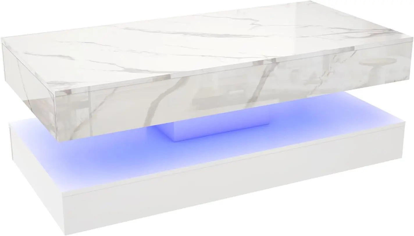 QiaoShiRen Modern Coffee Table With LED Lights And Dual Drawers