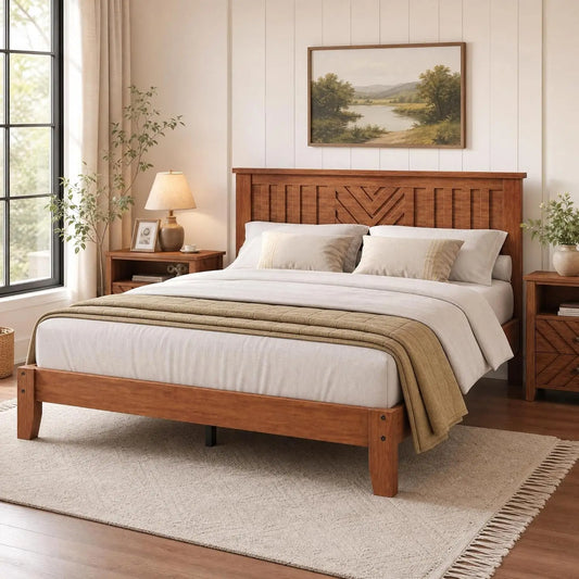 HiMISS Wooden Platform Bed Frame With V Pattern Headboard