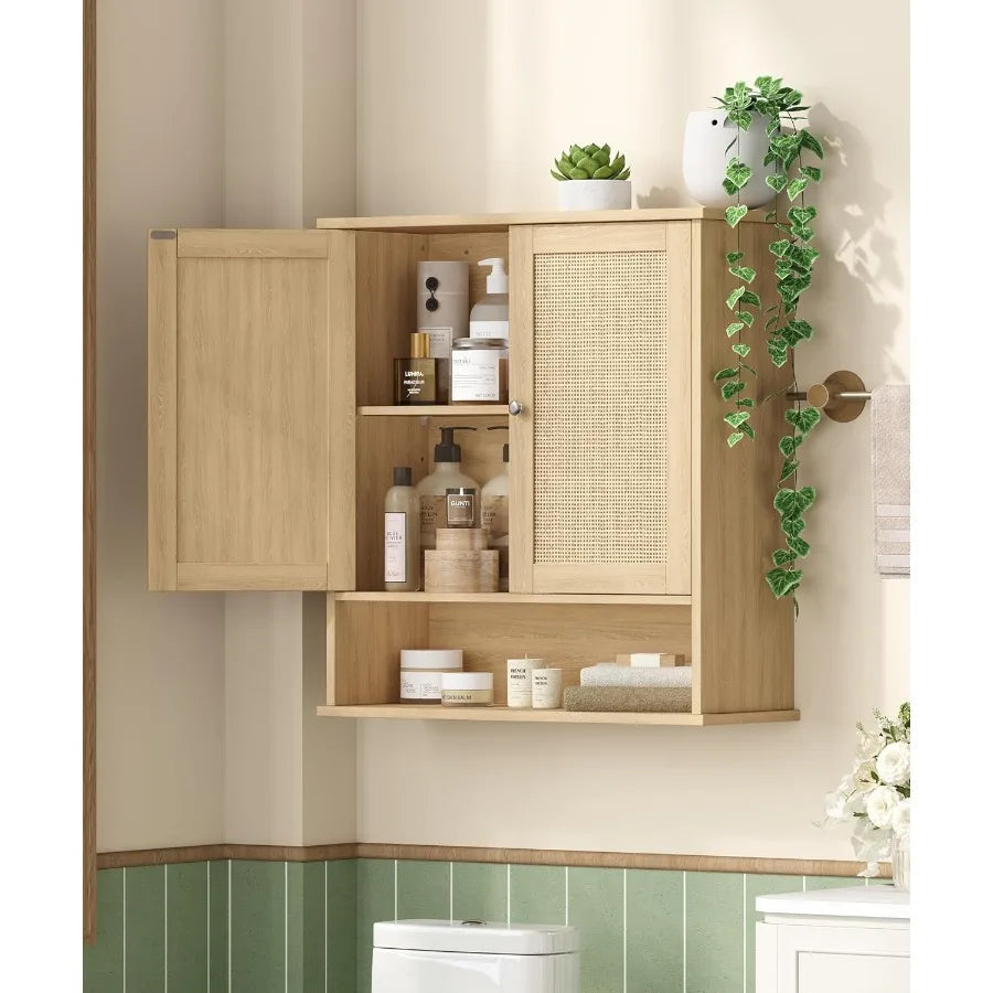 XIUWO Bathroom Wall Cabinet Medicine With Adjustable Shelf And Rattan Doors