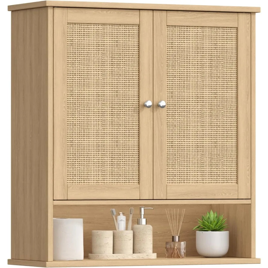 XIUWO Bathroom Wall Cabinet Medicine With Adjustable Shelf And Rattan Doors