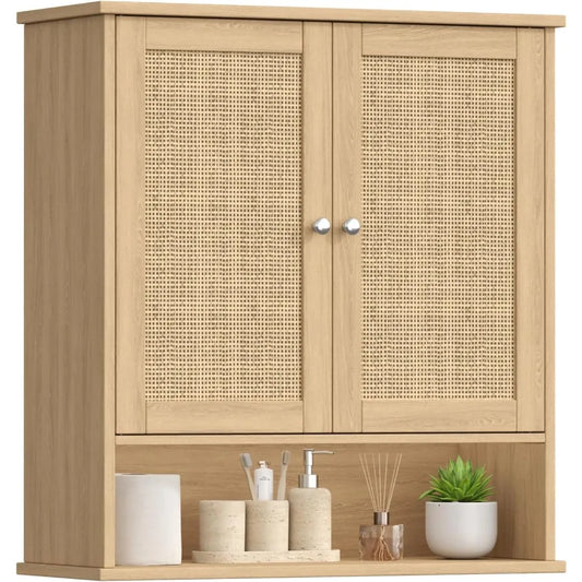 XIUWO Bathroom Wall Cabinet Medicine With Adjustable Shelf And Rattan Doors