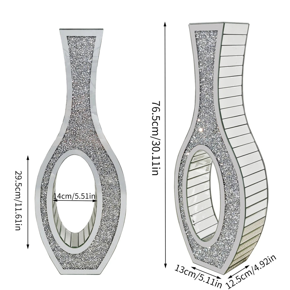 Tall Silver Mirrored Floor Vase With Crushed Diamond Accents