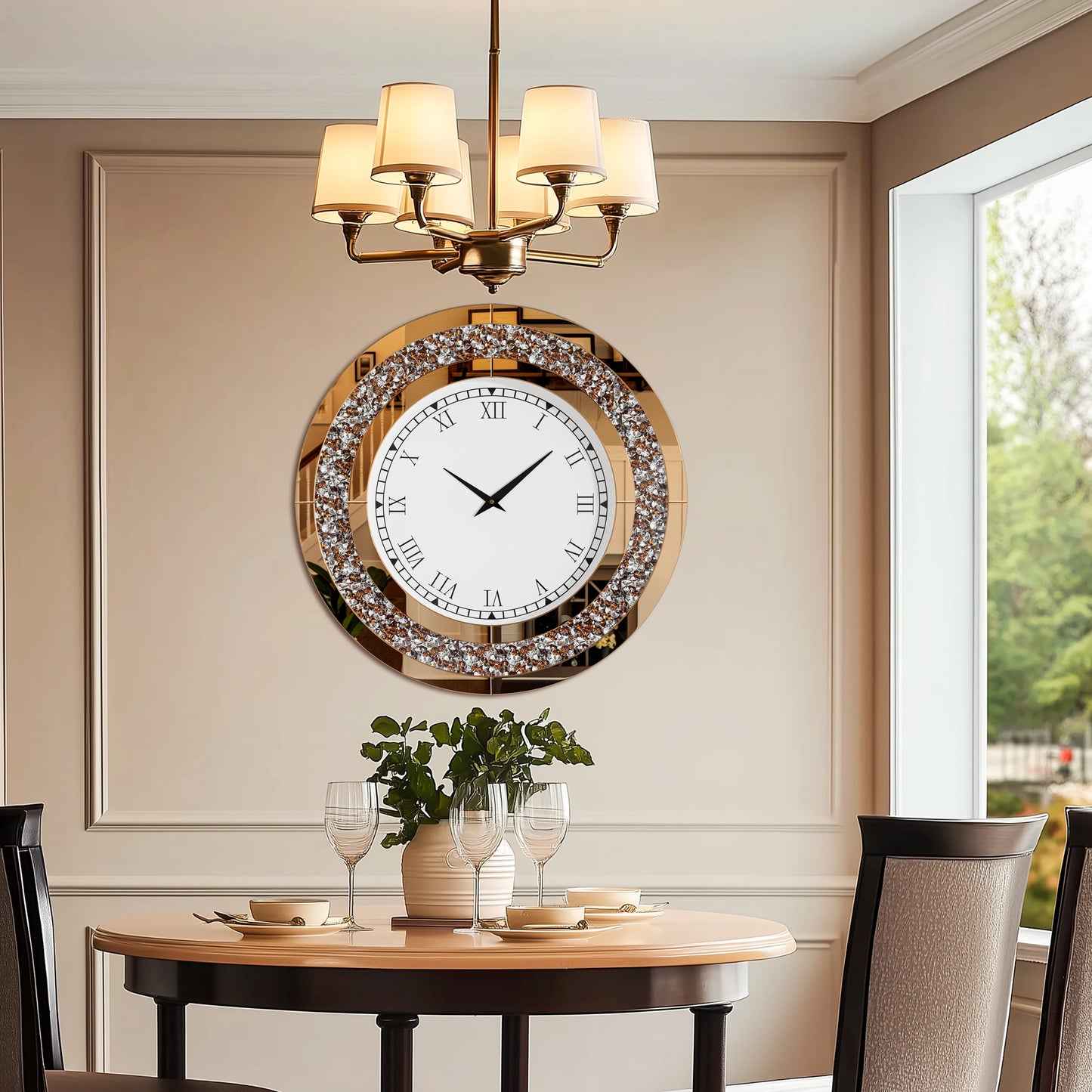 Round Mirror Clock With Crystals Sparkle And Wall Decor