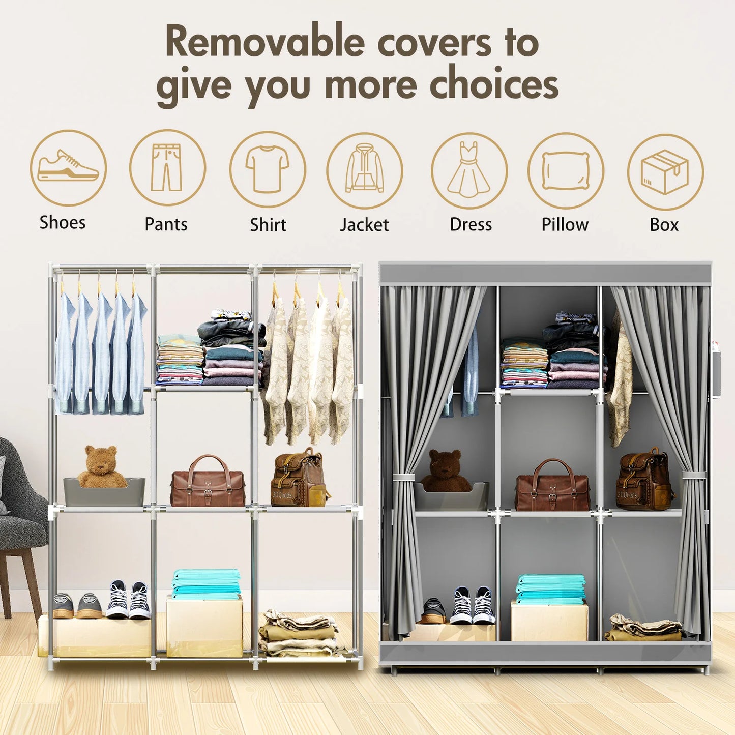 Closet Storage Portable Wardrobe Organizer Large Capacity Nonwoven Fabric