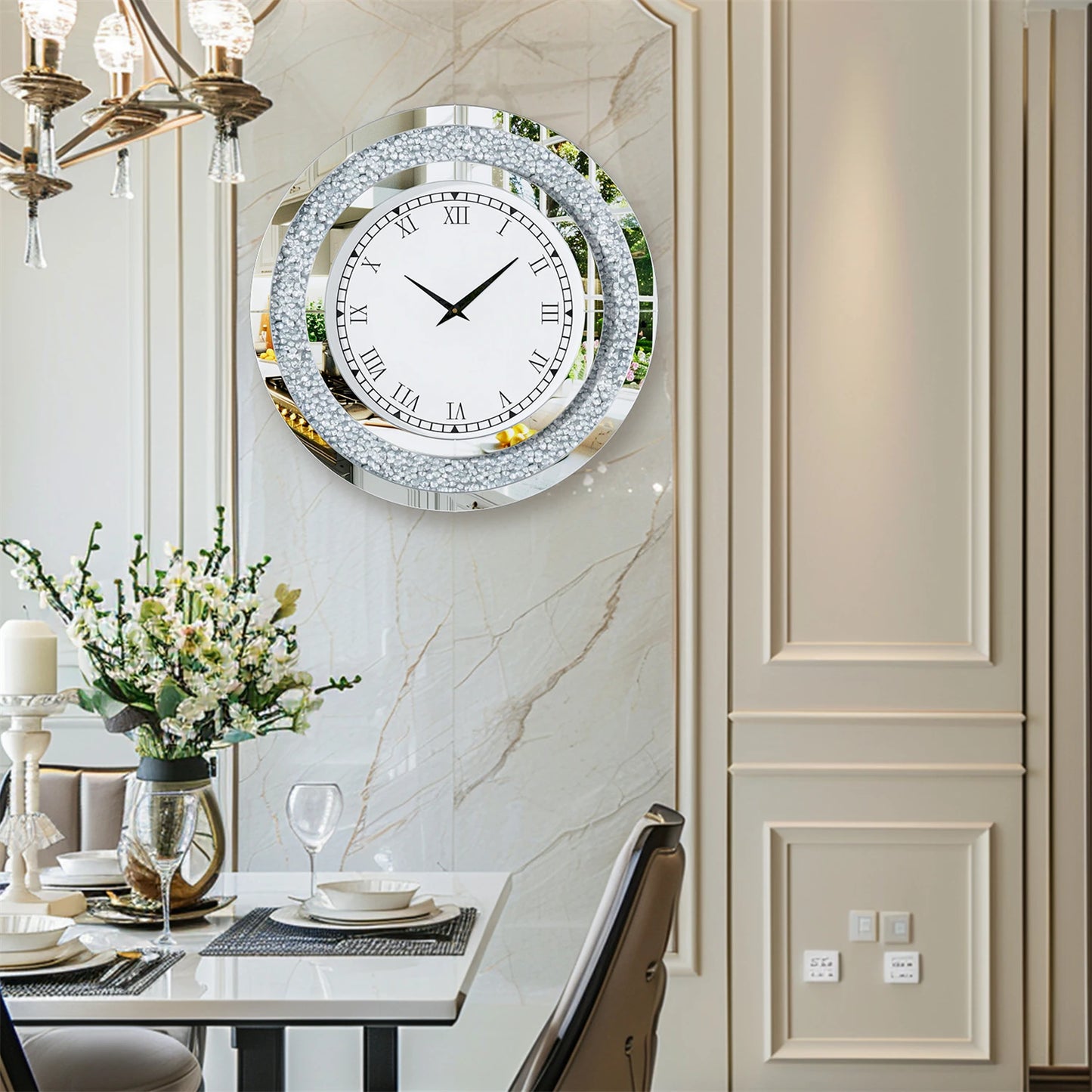 Round Mirror Clock With Crystals Sparkle And Wall Decor