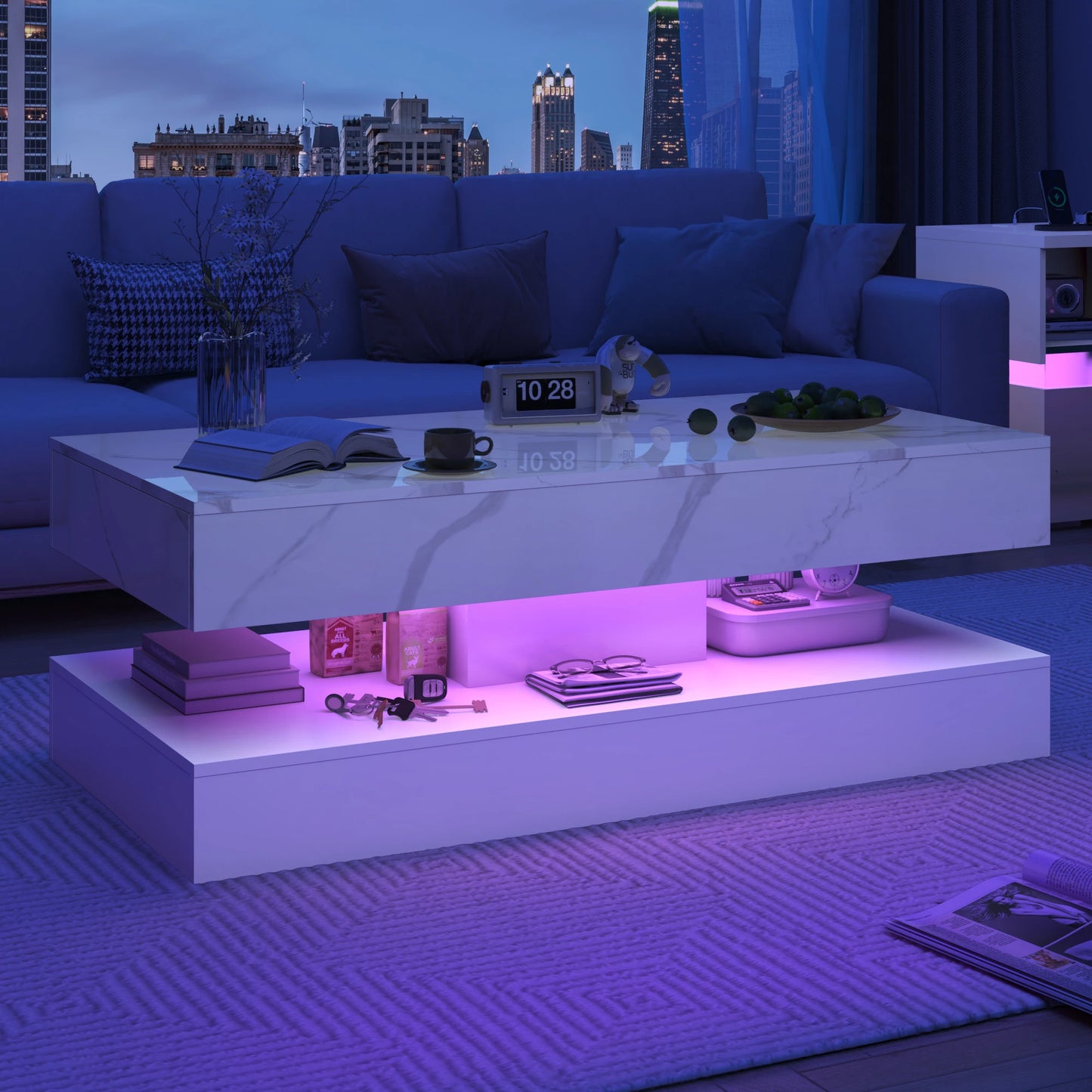 QiaoShiRen Modern Coffee Table With LED Lights And Dual Drawers