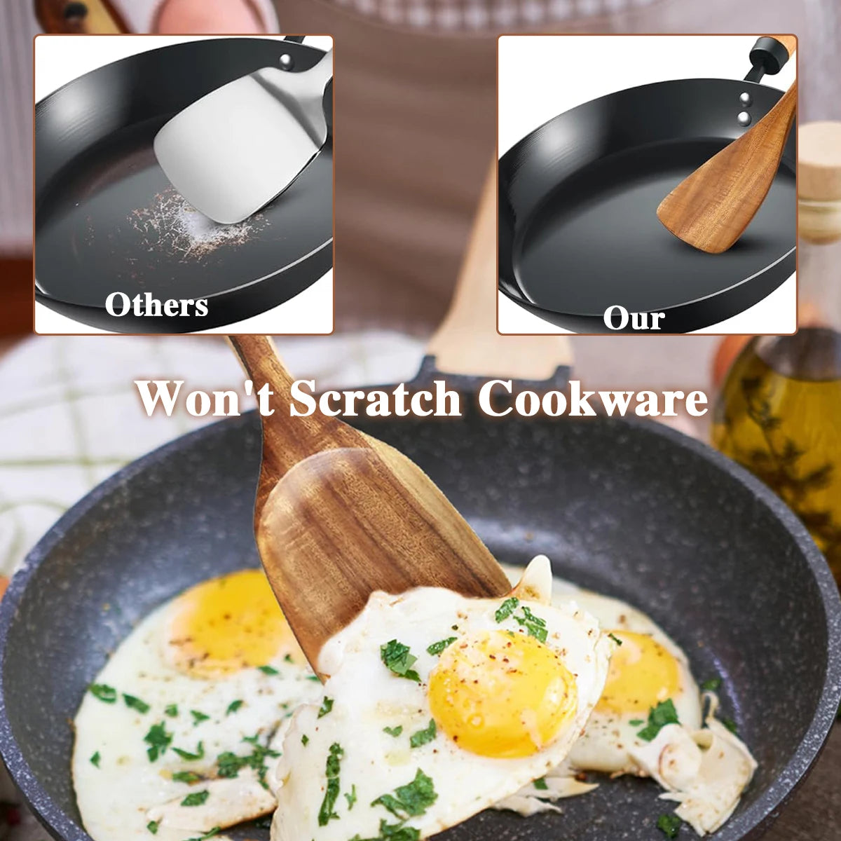 Natural Wood Kitchen Utensil Set With Ergonomic Handles Five Pieces