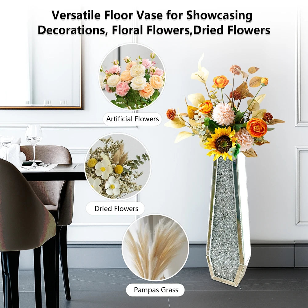 Luxury Crushed Diamond Mirrored Floor Vase Glass