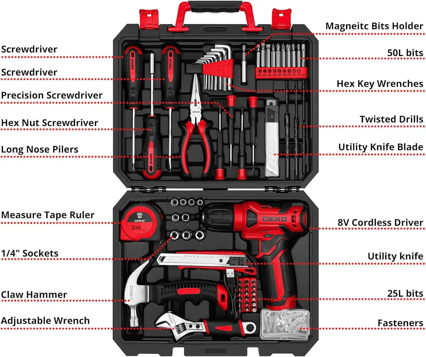 DEKO 8V Cordless Drill Tool Set 126 Home Workshop Kit