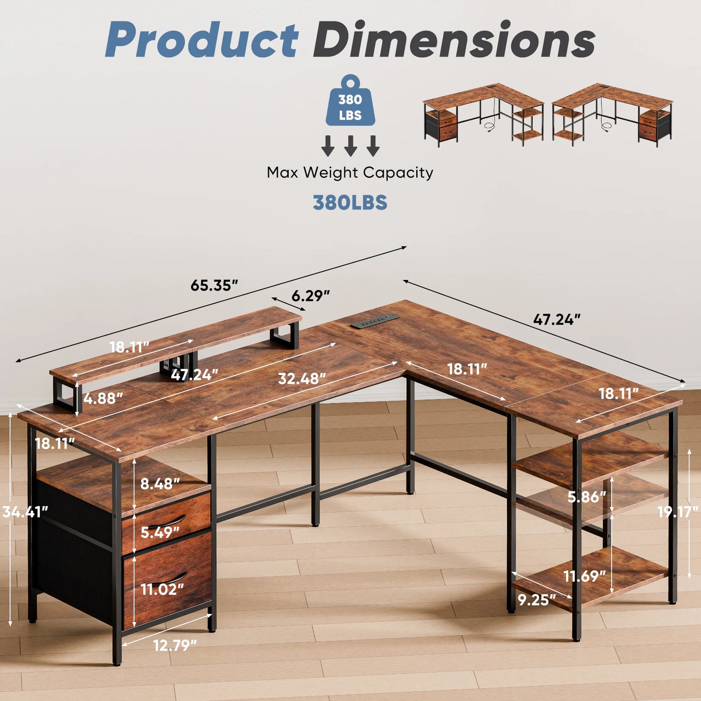 JHK L Shaped Computer Desk With Two Drawers Storage Shelves And Charging Station