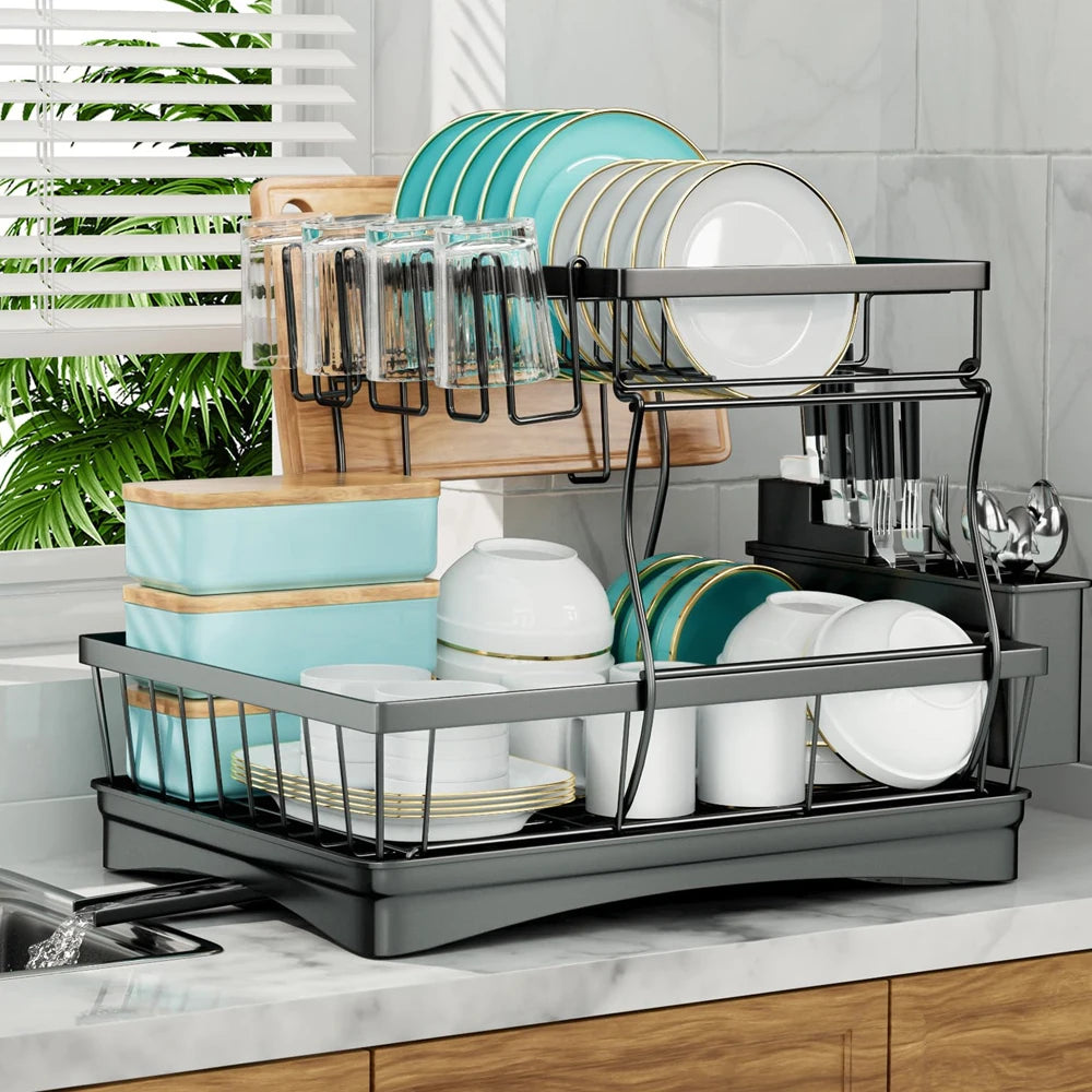 Large Capacity Two Tier Dish Drying Rack For Kitchen Countertops