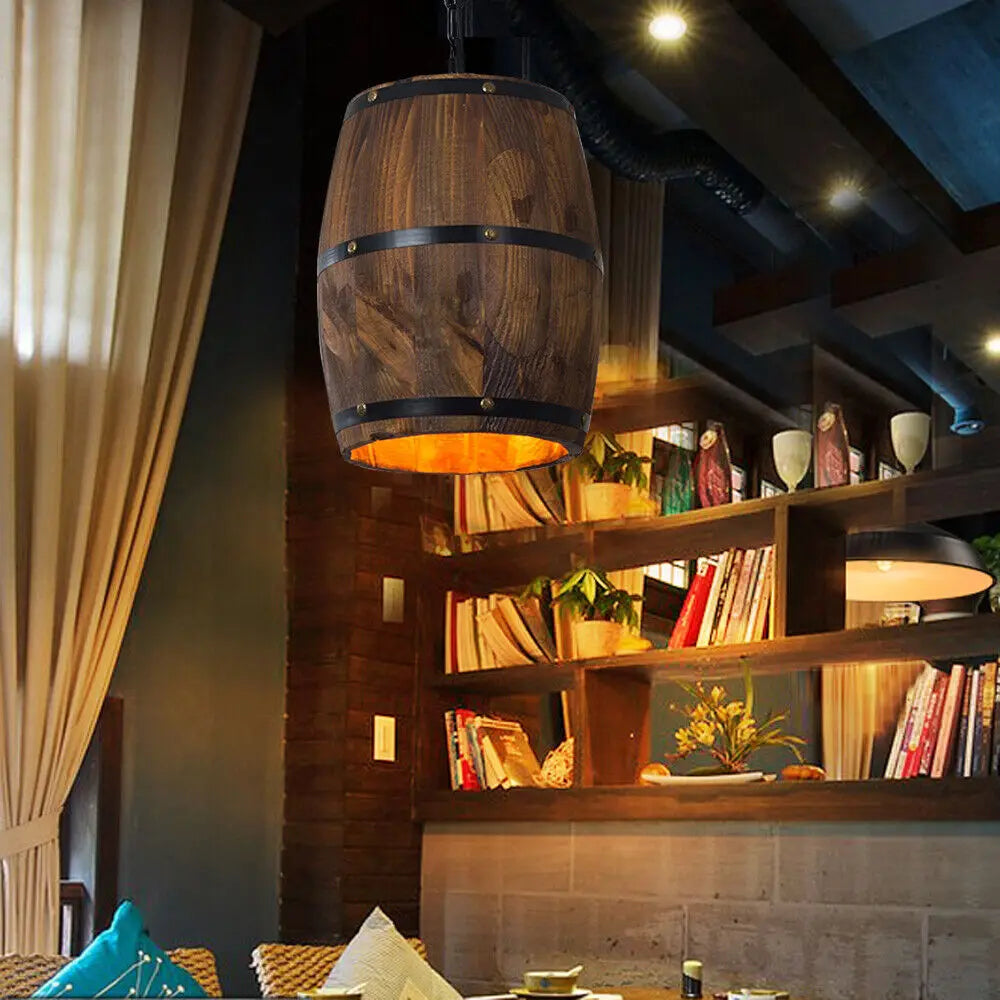 Vintage Wine Barrel Pendant Light Rustic Wood Ceiling Lamp For Cafe Bar