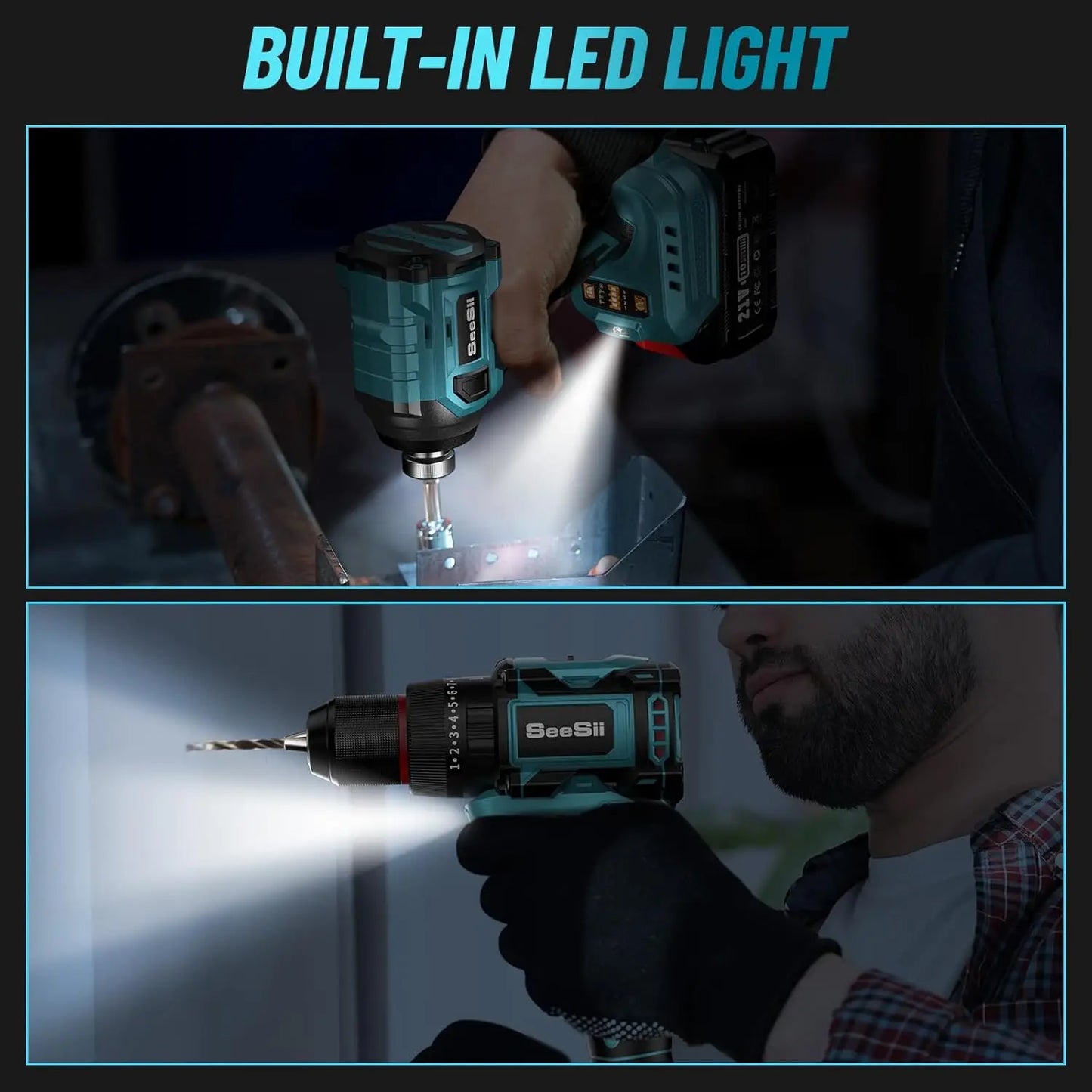 Seesii 21V Cordless Drill And Impact Driver Combo Kit