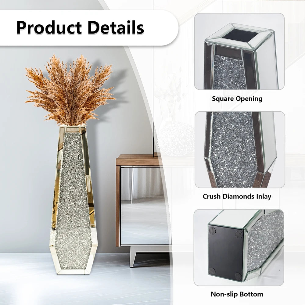 Luxury Crushed Diamond Mirrored Floor Vase Glass