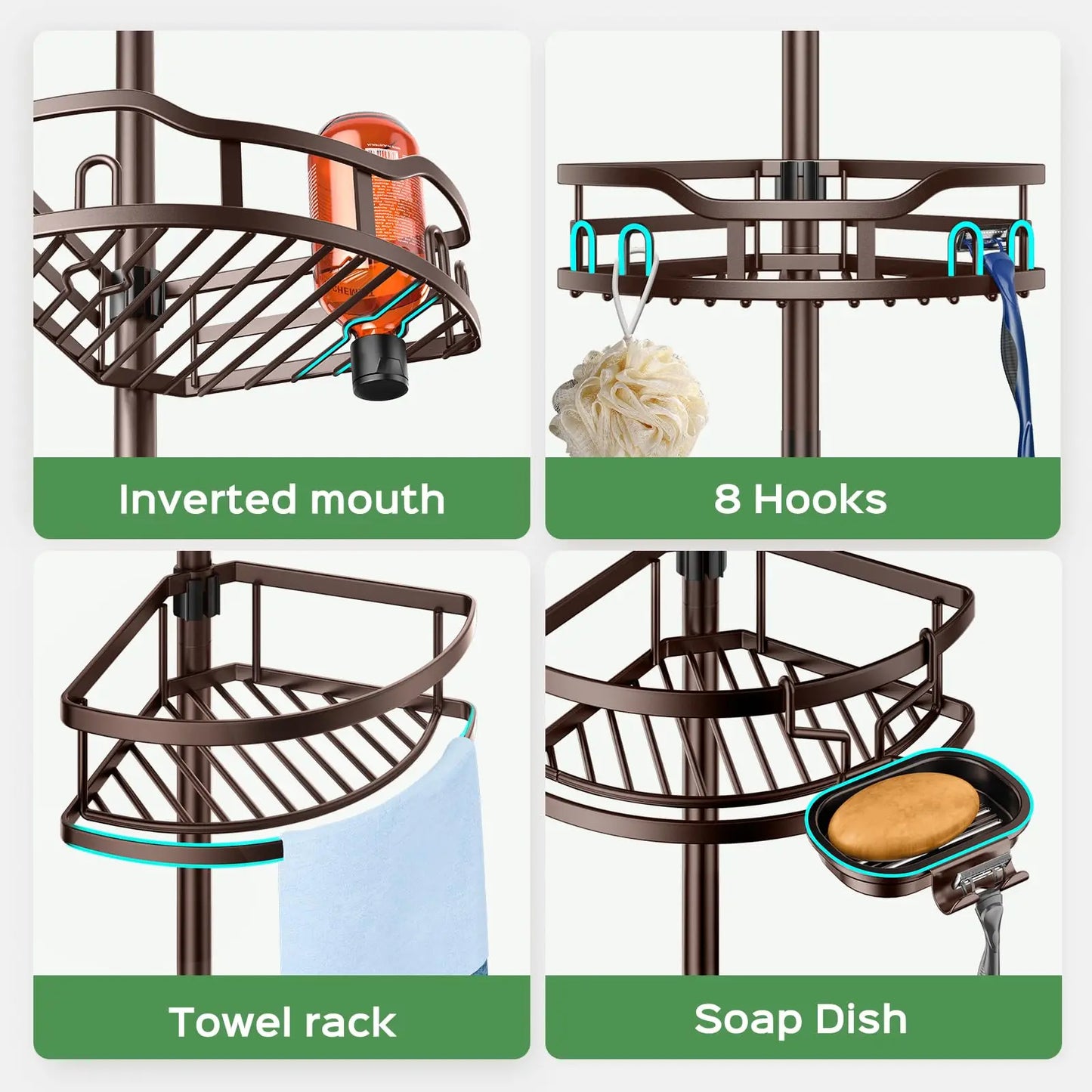 Rustproof 4 Tier Corner Shower Caddy With Tension Pole