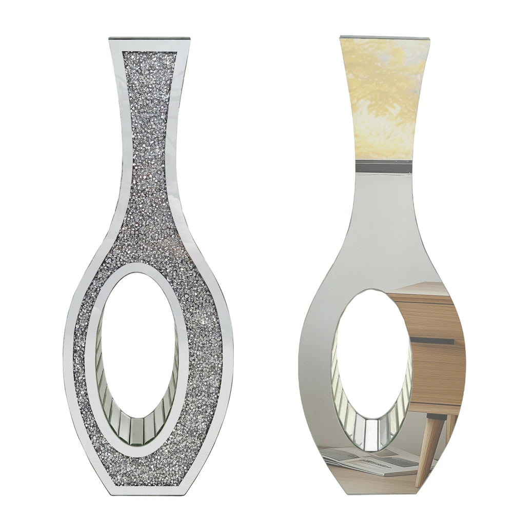 Tall Silver Mirrored Floor Vase With Crushed Diamond Accents