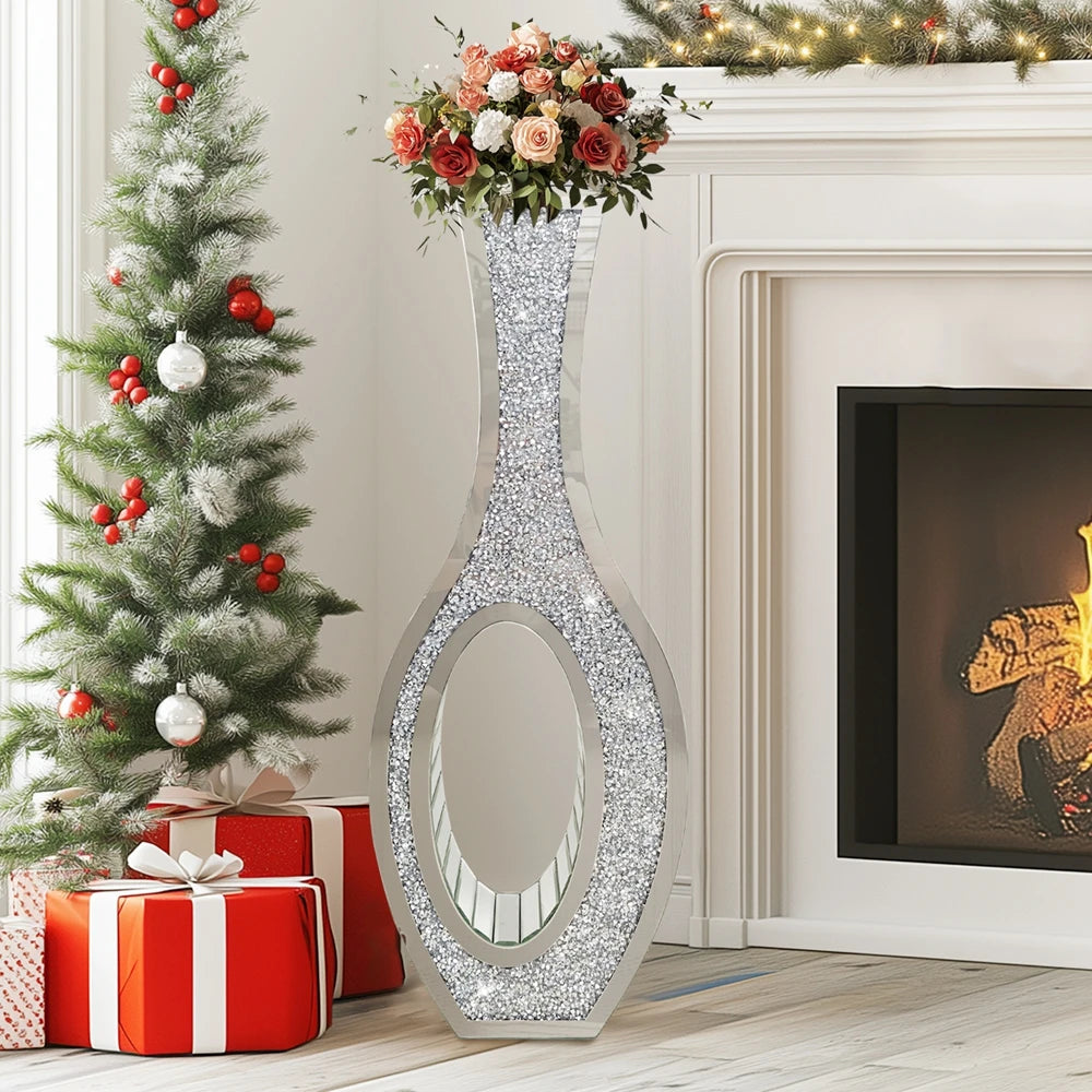 Tall Silver Mirrored Floor Vase With Crushed Diamond Accents