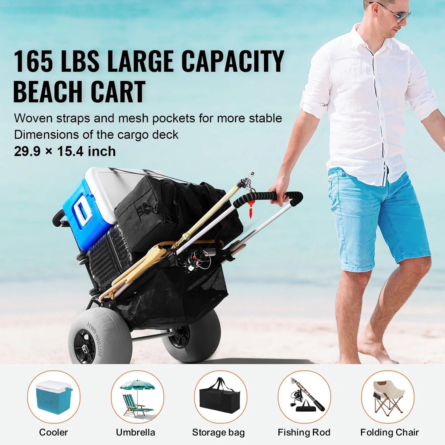 SucceBuy Beach Dolly With Big Balloon Wheels Sand Cart 165Lbs