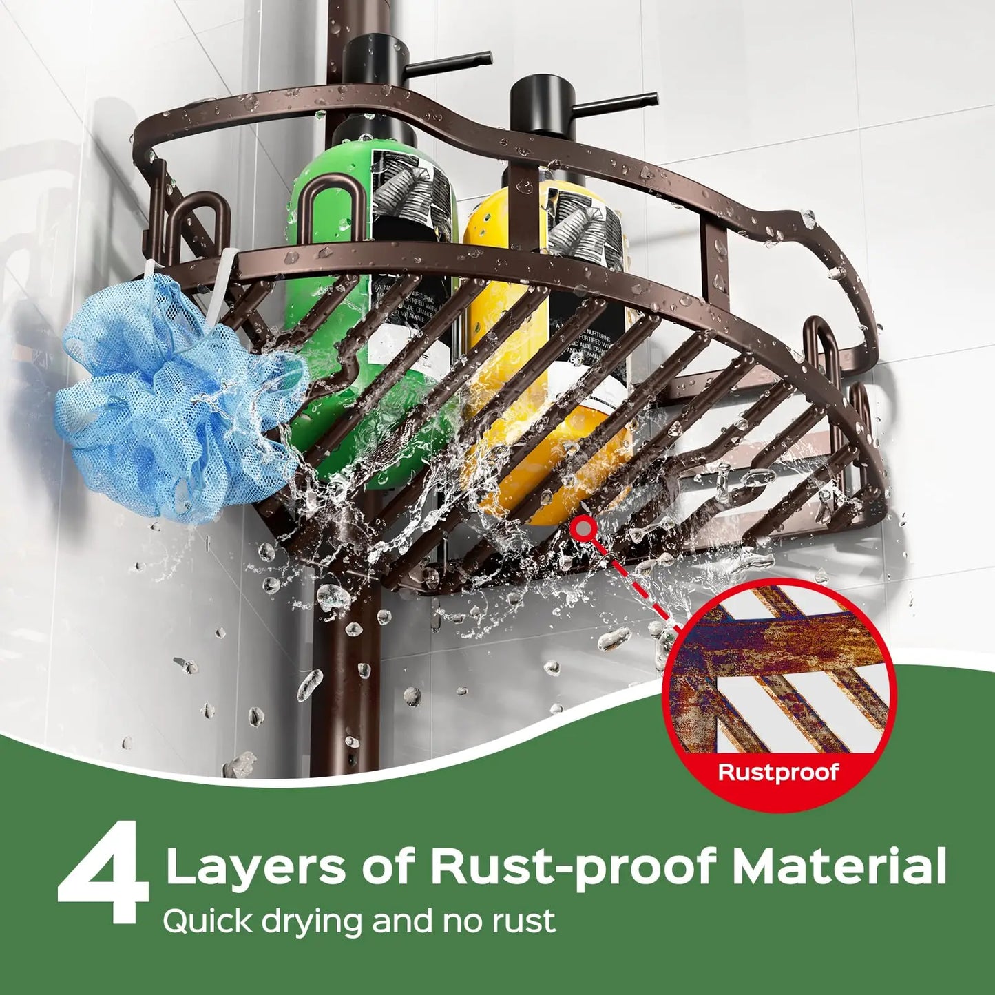 Rustproof 4 Tier Corner Shower Caddy With Tension Pole