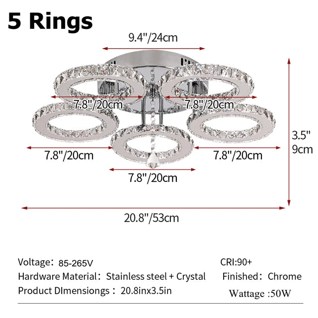 GreeLustr Modern Pendant Light Crystal Ring Ceiling Lamp Living Room