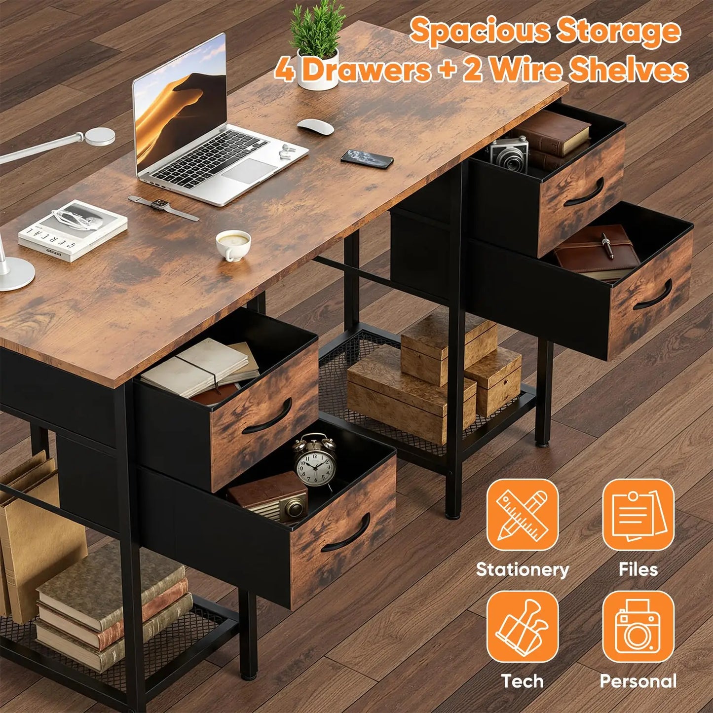 JHK Computer Desk With 4 Drawers And Mesh Shelf For Home Office