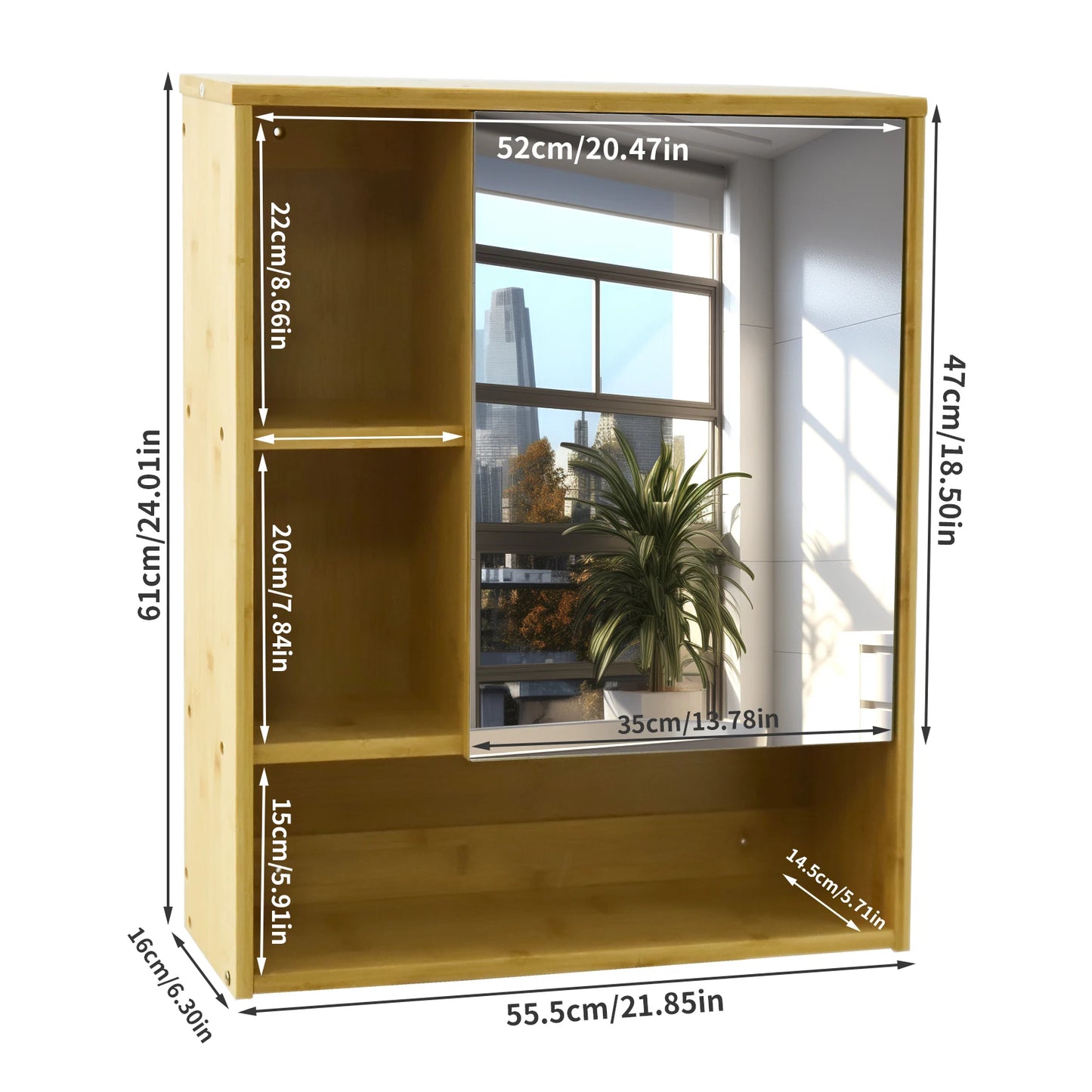 Wall Mounted Bamboo Medicine Cabinet With Mirror And Five Shelves