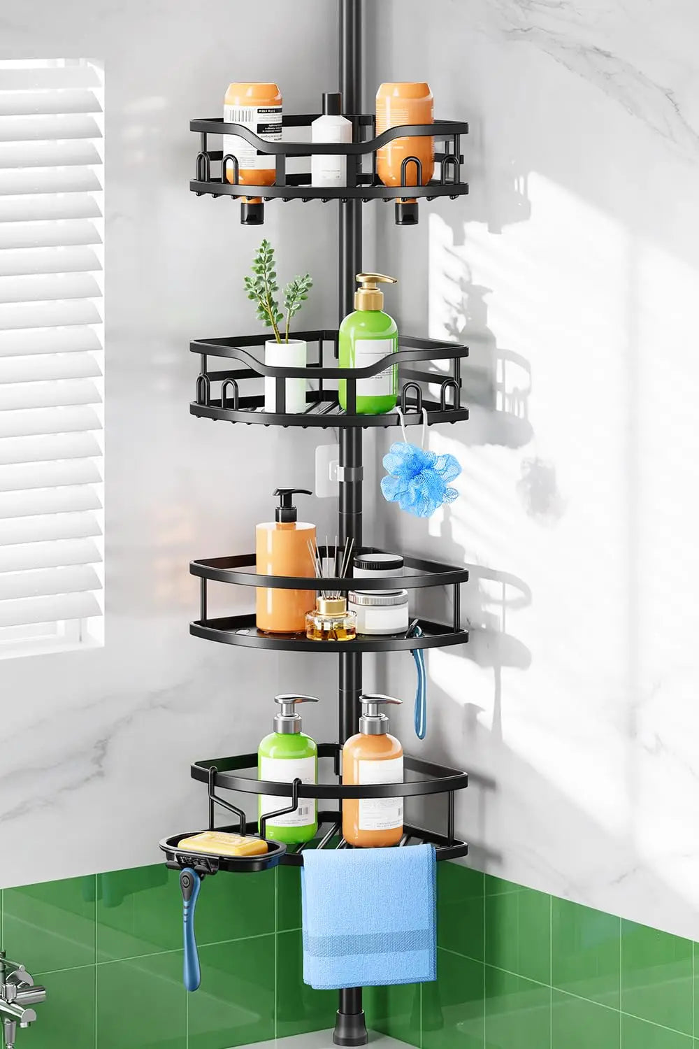 Rustproof 4 Tier Corner Shower Caddy With Tension Pole