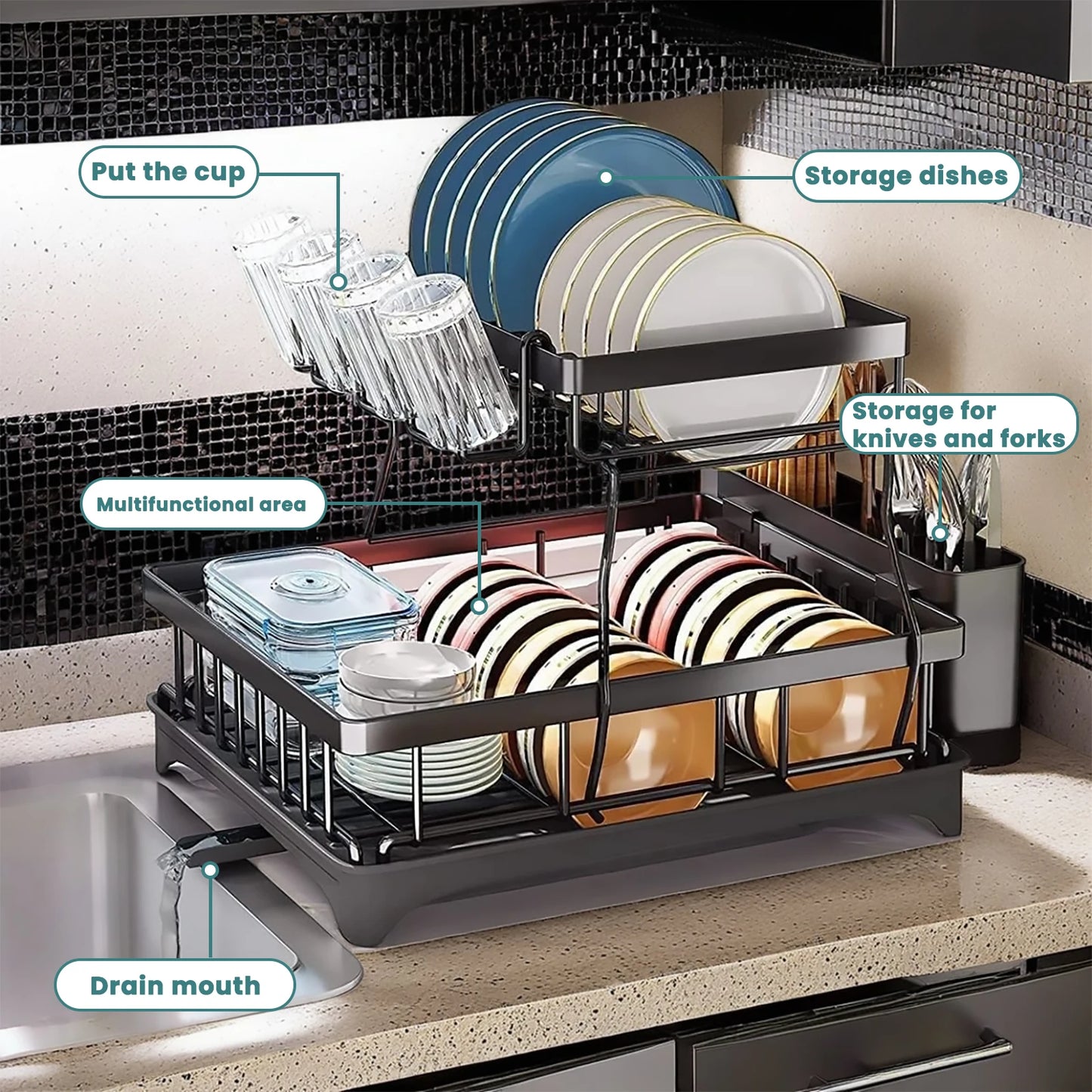 Large Capacity Two Tier Dish Drying Rack For Kitchen Countertops